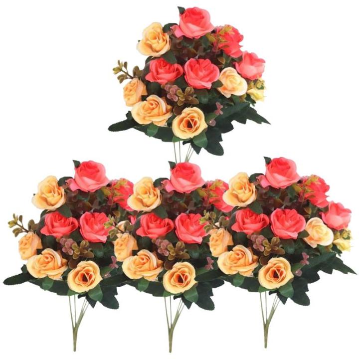 4 bundels begraafplaatsbloemen voor graf, sinaasappel, cemetery-bloemen voor graf, kunstrozen voor graven, 12 bloemkoppen, zijden gedenkbloemen voor graf, kunstbloemen 11,8