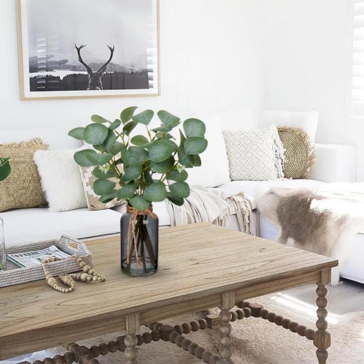 35 cm kunstmatige eucalyptus-takken met zwarte glazen vaas, eucalyptus-kunststof plant, eucalyptus, , realistische eucalyptus, decoratie, zilverdollar voor bruiloft, tafeldecoratie