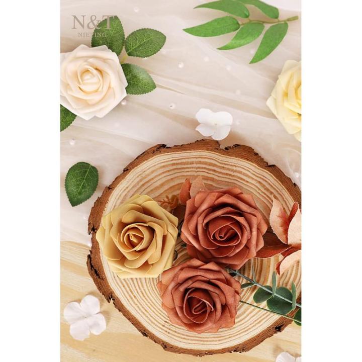 Kunstbloemen, rozen, 25 stuks, kunstrozen met stelen voor bruiloftsfeest, oogstfeest, herfstdecoratie, Valentijnsdag, Moederdag, woondecoratie, gemengd oranje