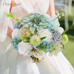 Kunstbloemen, combi, blauwe bloemen, zijden bloemen, dahlia-rozen met stelen voor bruiloft, bruidsboeketten, tafeldecoratie, babyshower, bloemstuk, woondecoraties