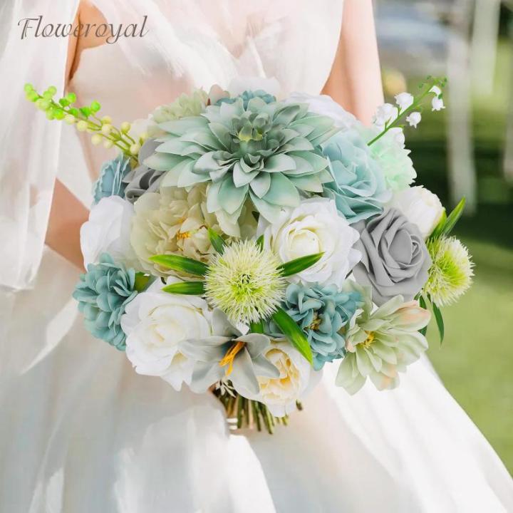Kunstbloemen, combi, blauwe bloemen, zijden bloemen, dahlia-rozen met stelen voor bruiloft, bruidsboeketten, tafeldecoratie, babyshower, bloemstuk, woondecoraties