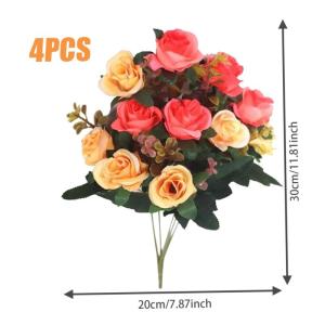 4 bundels begraafplaatsbloemen voor graf, sinaasappel, cemetery-bloemen voor graf, kunstrozen voor graven, 12 bloemkoppen, zijden gedenkbloemen voor graf, kunstbloemen 11,8