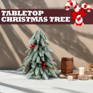 40 cm kleine kerstboom jet witte kerstboom drievoudige vork PE dennenappels omgekeerde stropdas kleine boom met pailletten bessen dennenappels houten sokkel mini-kerstdennenboom