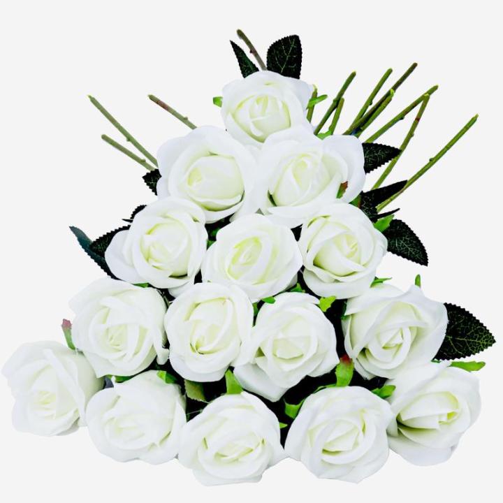 Kunstrozen, 15 stuks, kunstbloemen, net echt, lange stem, kunstrozen voor doe-het-zelf bruiloftsdecoratie, bruidsboeket, tuin, feest, hotel, kantoor, decoratie, rozen (wit)