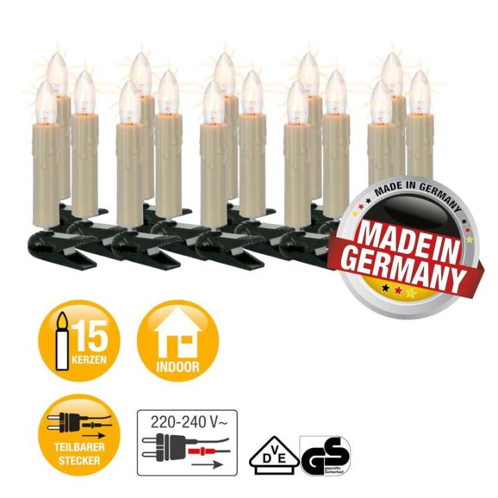 Lichtketting kerstboom, 15 stuks boomkaarsen, 9,8 m, Made-in-Germany, lichtketting met stekker, deelbaar, kerstverlichting met gloeidraad, kerstboomkaarsen met 3 reservekaarsen, 43