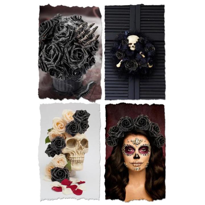 Glitter-roos kunstbloemen, 25 stuks kunstrozen, bloemen met stengels, echte touch, kunstschuim, rozen voor bruiloft, boeketten, feesten, thuis, Halloween, kerstdecoratie (zwart)