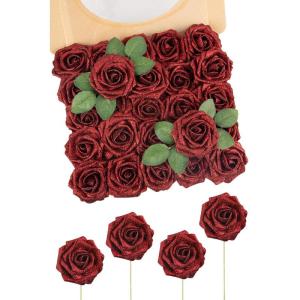 Kunstbloemen, 25 stuks kunstrozen, bloemen met stengels, echte touch, kunstschuim, rozen voor bruiloft, boeketten, feest, kantoor, babyshower, thuis, kerstdecoratie (rood)