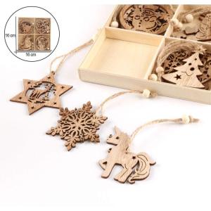 Houten Kerstornamenten, 12-delige Houten Kerstdecoratie Hanger met Houten Hhanger Sneeuwvlok Boomversiering,Kerst Hout,Hangende Houten Kerstboomversiering met Houten Doos