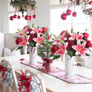 11xkünstliche Blumen, rote künstliche Rosen und rosa Tigerlilie, Seidenblumenstrauß für Hochzeit, Blumenarrangement, Geschenk, Party-Dekoration (Vasen nicht im Lieferumfang ent