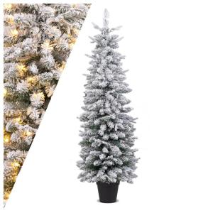 Schlanker Künstlicher Weihnachtsbaum 150 cm, Beleuchteter Beflockter Weihnachtsbaum mit 120 LED-Lichtern & beflocktem Schnee, Tannenbaum mit Zementbasis, für Innen- & Außenberei