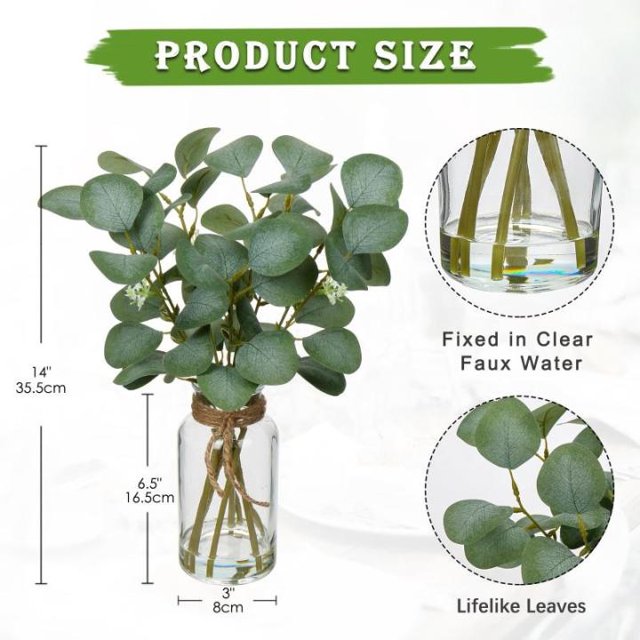 35 cm kunstmatige eucalyptus-takken met glazen vaas, eucalyptus-kunststof, plant, eucalyptus, , realistische eucalyptus, decoratie, zilverdollar voor bruiloft, tafeldecoratie kanto
