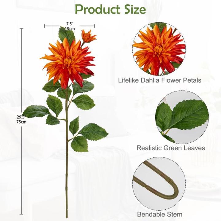 3 stuks oranje kunstmatige dahlia's, 75 cm kunstzijden bloemen met lange steel voor bloemarrangementen, faux dahlia's bloemen voor doe-het-zelf bruiloft party middenstuk huis kanto
