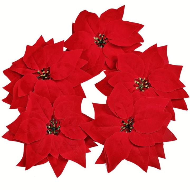 15 stuks 22 cm kerstbloemen kunstmatige kerstster bloemen kerstboom ornamenten met clips stengels voor krans feest bruiloft Nieuwjaar decoratie (rood)