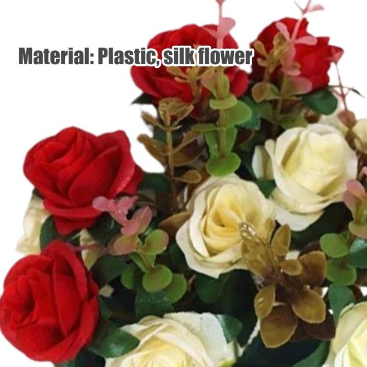 Friedhofsblumen für Grab, 4 Bündel Gefälschte Rosen 11.8 '' Künstliche Blüten für Graves 12 Blumenköpfe Seidengedenkblumen für Grab Vase Cemetery Dekor rot, künstliche Blu
