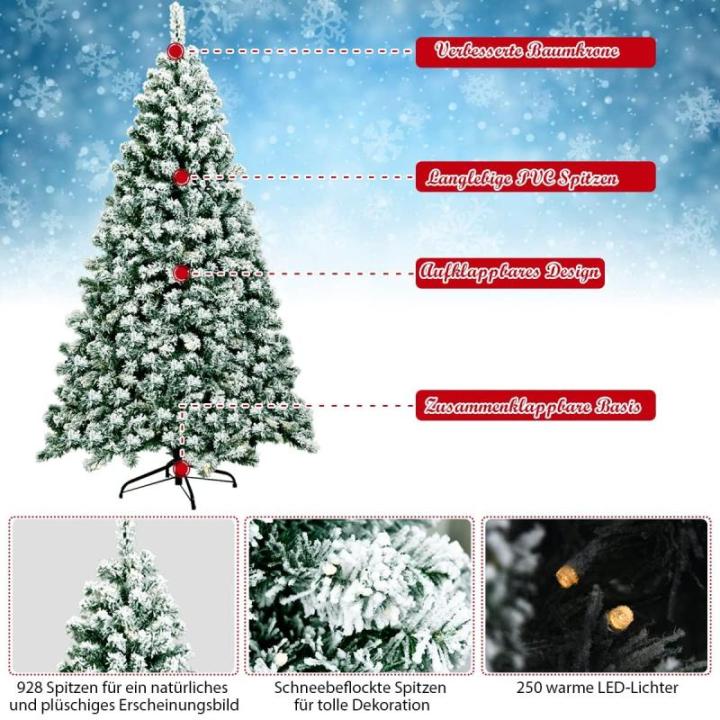 Kunstkerstboom met sneeuw en warmwitte ledverlichting, dennenboom met metalen standaard, pvc-naalden, kunstboom, kerstgroen, 135/180/225 cm