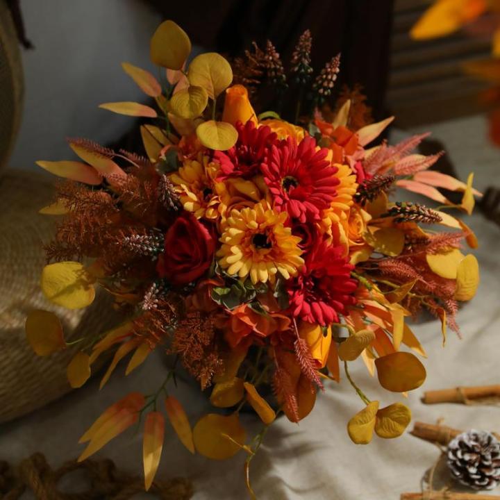 Kunstmatige nepbloemen planten zijden bloemstukken bruiloft boeketten decoraties plastic bloemen tafel centerpieces voor thuis keuken tuin feest decor (herfst rood)