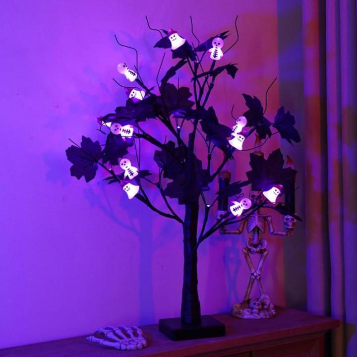 Halloween Dekor Innen Schwarz Ahornblatt Baum Lichter mit 24 LEDs,Halloween Deko Gruselig Lichterbaum mit LED Spinnenlicht,Birkenbaum mit Timer für Halloween Decoration Tischlicht
