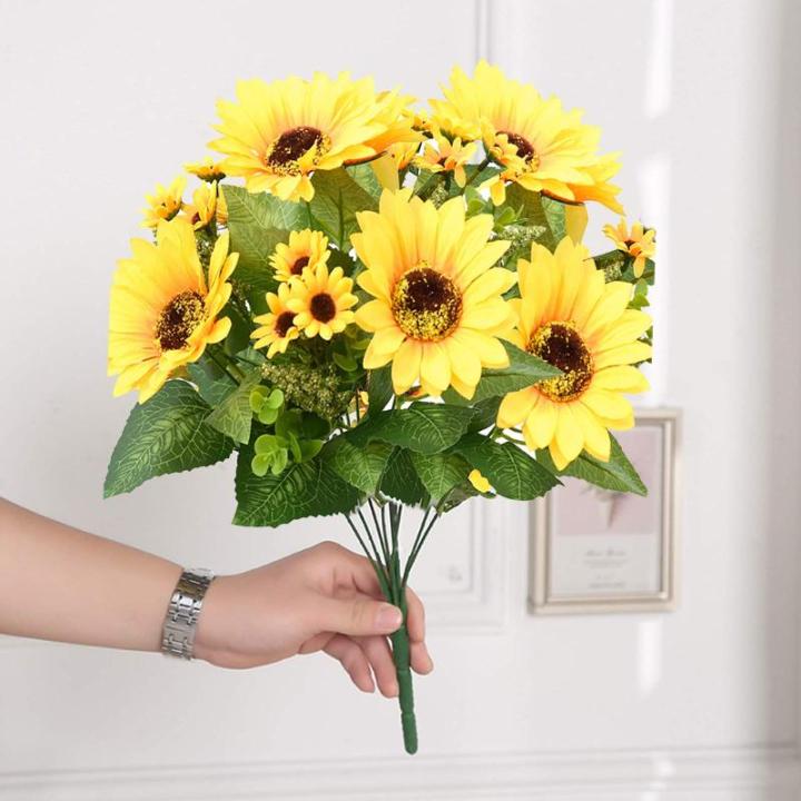 2 trossen kunstzonnebloem boeket, nep zijden zonnebloem bloemen, realistische planten voor huwelijksfeest, jubileum, thuiskantoor, tafeldecoratie (kort)
