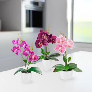 in pot (35 cm), set van 3 kunstorchideeën, kunstmatig afgestemde arrangement in hoogglans-keramische potten, decoratieve kunstorchideeën (paars-roze)