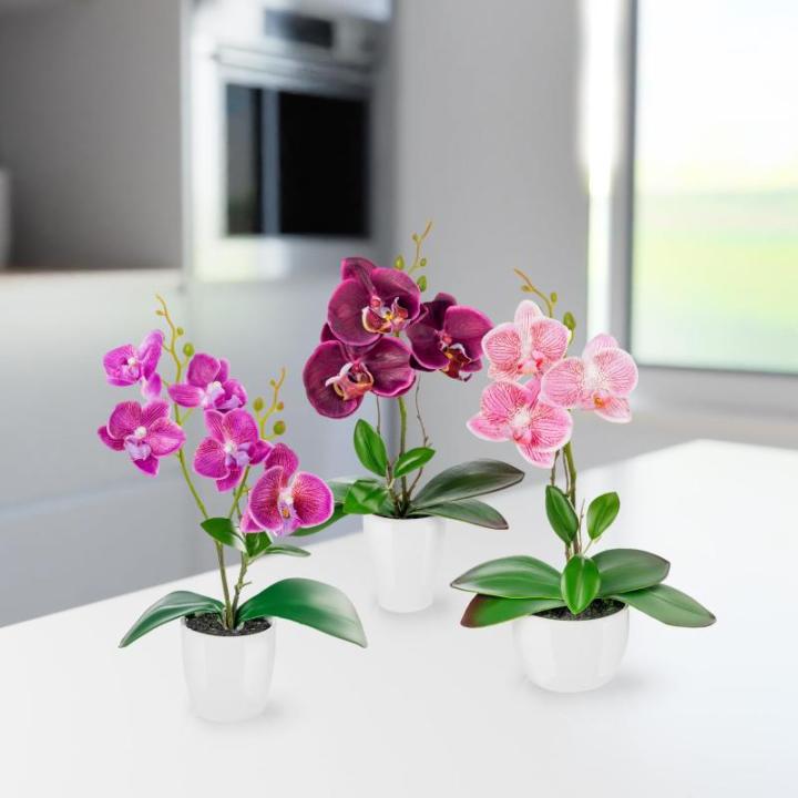 in pot (35 cm), set van 3 kunstorchideeën, kunstmatig afgestemde arrangement in hoogglans-keramische potten, decoratieve kunstorchideeën (paars-roze)