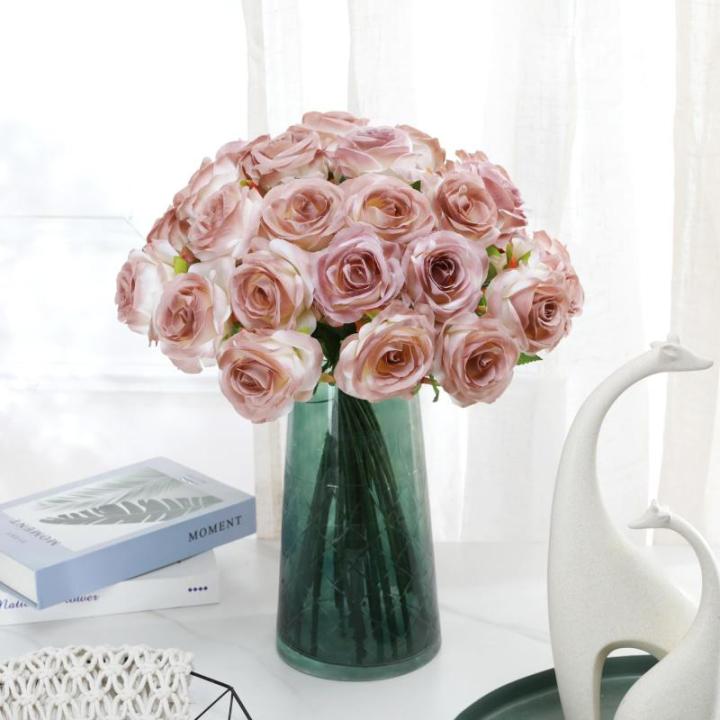 10 stuks kunstmatige rozenbloemen, dubbele kleur enkele stengel neprozen bloemen voor thuis feest bruiloft boeket (kleurverloop kleur, koffie)
