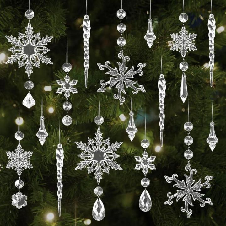 16 stuks kerstdecoratie, sneeuwvlokken, ijspegel, kerstboomversiering, kristallen decoraties, kerstboomversiering, sneeuwvlokken, decoratie, acryl, kerstboomdecoratieset