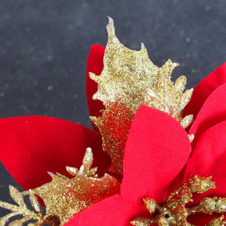 12 stuks kerstdecoratie, kunstbloemen voor Kerstmis, kerstster, kunstdecoratie, bloemen, fonkelende kerstster, bloemen, glitter, kerstboomdecoratie (rood + goud)