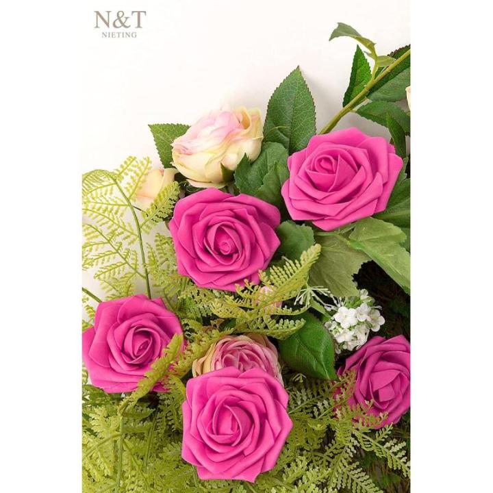 Kunstbloemen, rozen, 25 stuks, kunstrozen met steel, voor doe-het-zelf bruiloft, boeketten, bruid, woondecoratie, hot pink