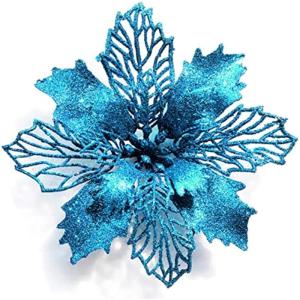 24 Stück Weihnachtsblumen für Weihnachtsbaumdeko, Weihnachten Funkeln Weihnachtsstern Blumen mit Clips für Hochzeit Weihnachtsbaum Neujahr Ornamente (Himmelblau,11 cm)