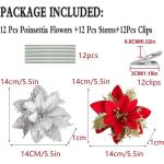 12 stuks kerstdecoratie, kunstbloemen voor Kerstmis, kerstster, kunstdecoratie, bloemen, fonkelende kerstster, bloemen, glitter, kerstboomdecoratie (zilver)