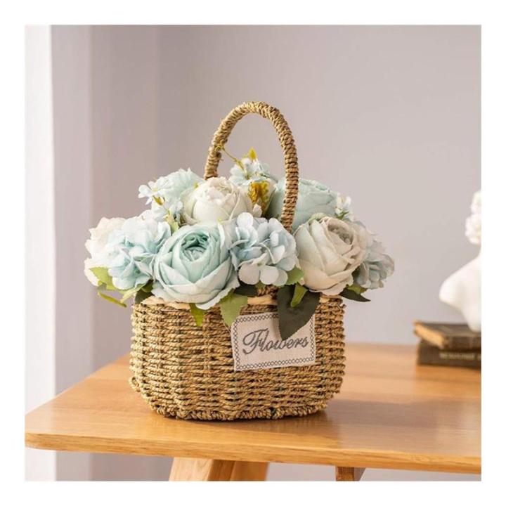 Kunstblumen Künstliche Blumen mit Vase, künstliche Hortensien mit Stroh-Handblumenkorb, künstliche Pflanzen-Dekor – Seidenrosen-Ornamente für jeden Anlass