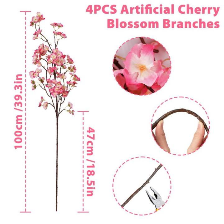 4 stuks kunstkersenbloesem, takken, roze perzikbloemen, 100 cm, kunstbloemen, bulk, lente, zijden bloemen, planten, bundel, lange stelen voor bruiloft, feest, tafel, vaas, decorati