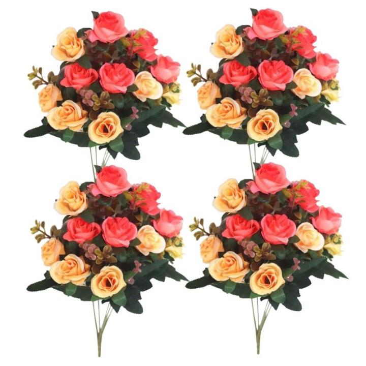 4 bundels begraafplaatsbloemen voor graf, sinaasappel, cemetery-bloemen voor graf, kunstrozen voor graven, 12 bloemkoppen, zijden gedenkbloemen voor graf, kunstbloemen 11,8