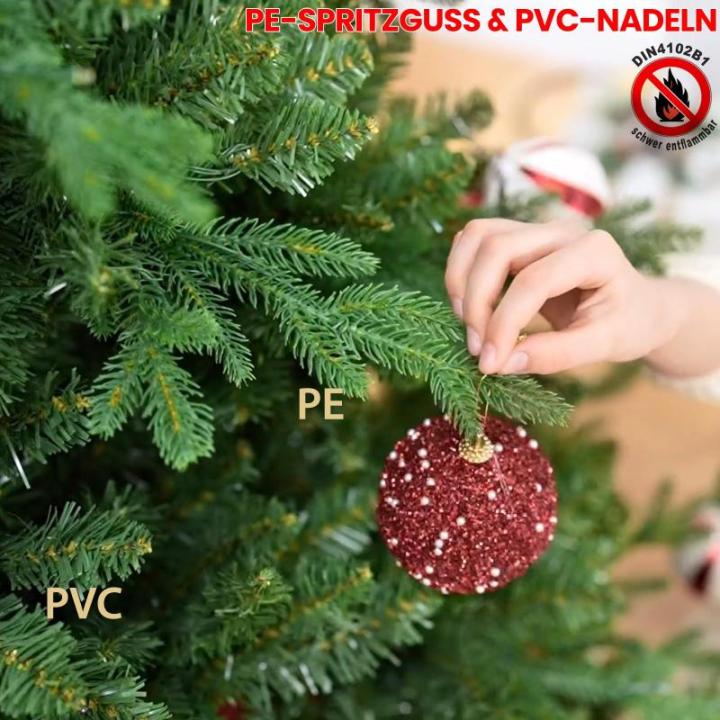 Abin Kunstkerstboom, met 950 takken en houten standaard, buigbaar 355 PE spuitgegoten en 595 pvc-naalden, moeilijk ontvlambaar, opvouwbare dennenboom voor eenvoudige montage, hoogt