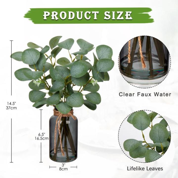 35 cm kunstmatige eucalyptus-takken met zwarte glazen vaas, eucalyptus-kunststof plant, eucalyptus, , realistische eucalyptus, decoratie, zilverdollar voor bruiloft, tafeldecoratie