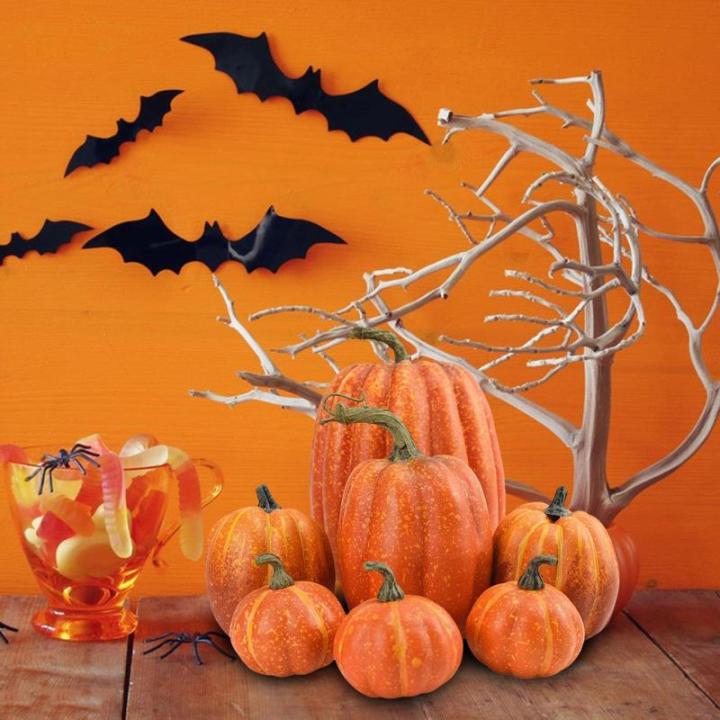 7 stuks kunstpompoenen, pompoen, decoratie, sierpompoen, kunstplantset voor Halloween, decoratie, herfstdecoratieset, 4 maten, geel