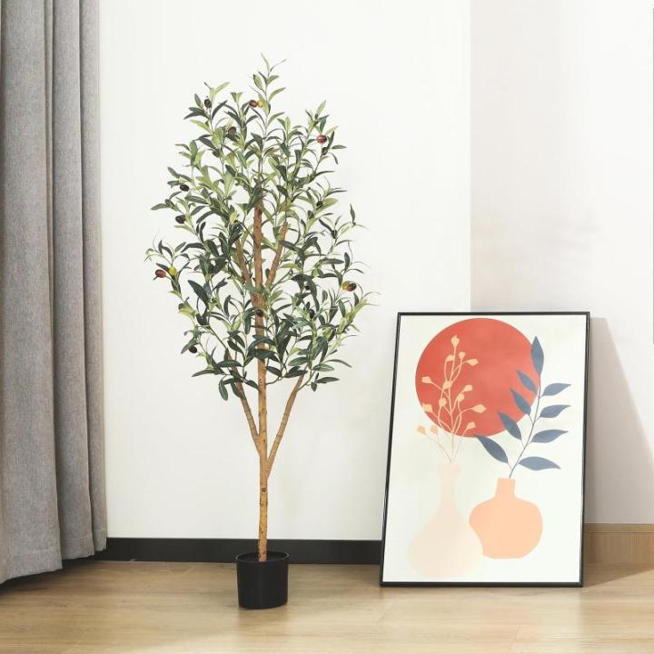 Kunstmatige olijfboom, 120 cm, grote kunstplant met natuurlijke houten stam en vruchten, kunstmatige olijfboom in pot, voor huis, slaapkamer, kantoor, tuin, decoratie (2 stuks)