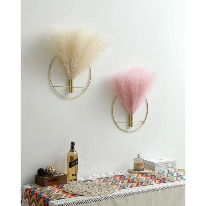Boho wanddecoratie, grote wanddecoratie, metalen wanddecoratie, hangende kunstpampa-display, wandkunst woonkamer, slaapkamer, badkamer, eetkamer, 2 stuks goudbeige
