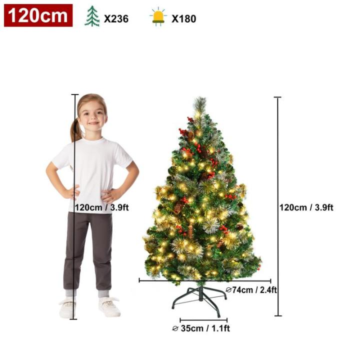 Kerstboom 120 cm, pvc-kunstkerstboom met 8 lichtmodi, verlichting, standaard, dennenappels, Ilex dennennaalden, dichte takken, kerstboom Ø 74 cm