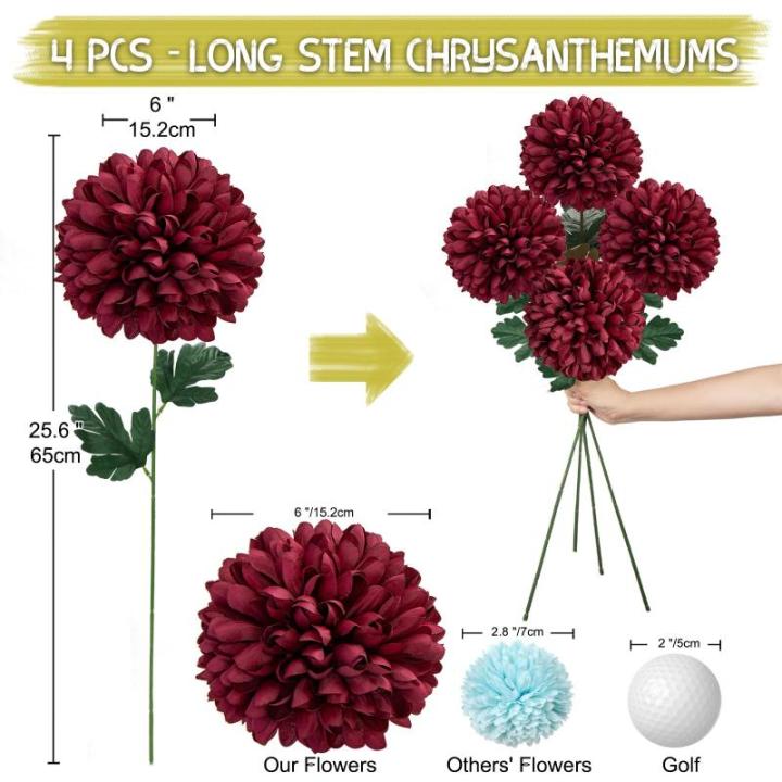 16 cm grote kunstbloemen, hortensia met 65 cm lange steel, 4 stuks rode kunstmatige hortensia-bloemen, kunststof bloemen, hortensia voor woondecoratie, tuinfeest, bruiloftsdecorati