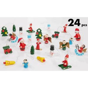 24 Stuks Houten Kerstboomdecoraties - tot 4 cm Hoge Figuren - Kerstmis Houten et Handbeschilderd - Traditionele Boom Kerstboomdecoraties - Dennenbomen - Kerstman - Engelen
