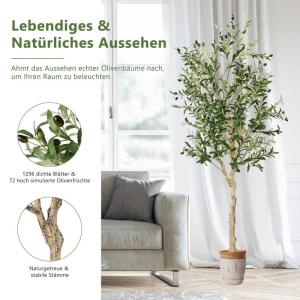 Olijfboom, kunstplant, 182 cm, grote in pot, kunstboom, lijkt op een echte plant, plastic plant, decoratie, woonkamer, slaapkamer, kantoor (182 cm, 1)