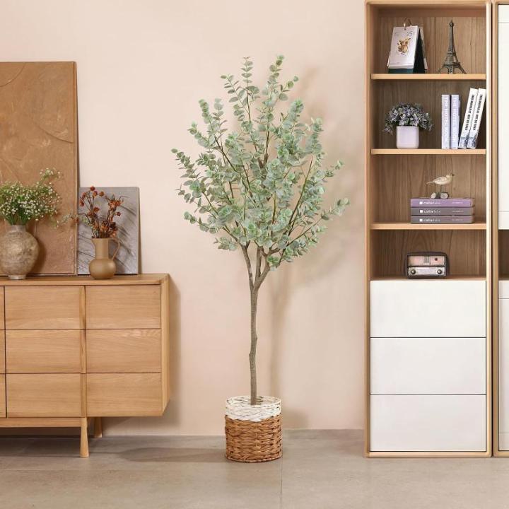 Kunstmatige eucalyptusboom, 180 cm, nep-eucalyptusboom met witte zilveren dollarbladeren, zijden faux eucalyptusboom met plastic kwekerijpot, voor thuiskantoor en binnendecoratie,