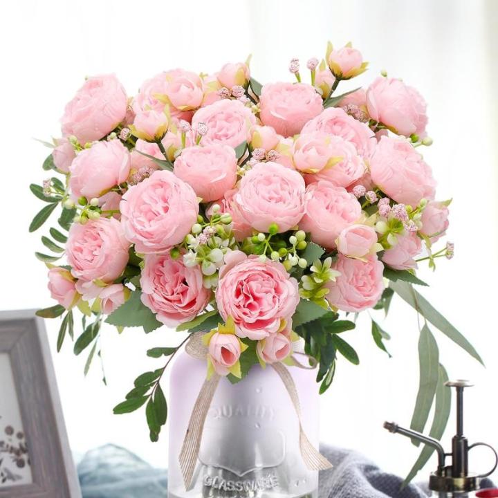 4 trossen kunstmatige pioenbloemen, buiten, echte zijden bloemen voor bruiloft, thuis, tafel, feest, raamdecoratie