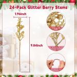 Kunstbessen kerstdecoratie, 24 stuks glitter kunstmatige hulstbessenstammen voor Kerstmis, boeketten, kransdecoraties, woondecoratie, kerstboomdecoratie, goud