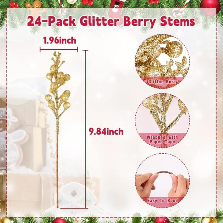 Kunstbessen kerstdecoratie, 24 stuks glitter kunstmatige hulstbessenstammen voor Kerstmis, boeketten, kransdecoraties, woondecoratie, kerstboomdecoratie, goud
