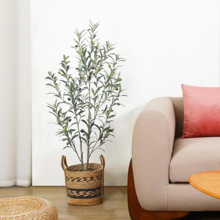 Kunstolijfboom, 120 cm, kunstplant olijfboom met natuurlijke houten stam en levensechte vruchten voor thuis- en kantoordecoratie, grote voor binnen, 1 verpakking