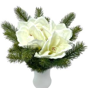 Künstlicher Adventsstrauß, Weihnachtsgesteck mit Amaryllis und Tannenzweige, Tischdekoration, künstliches Blumengesteck für Winter. Weihnachtsdekoration Weiß