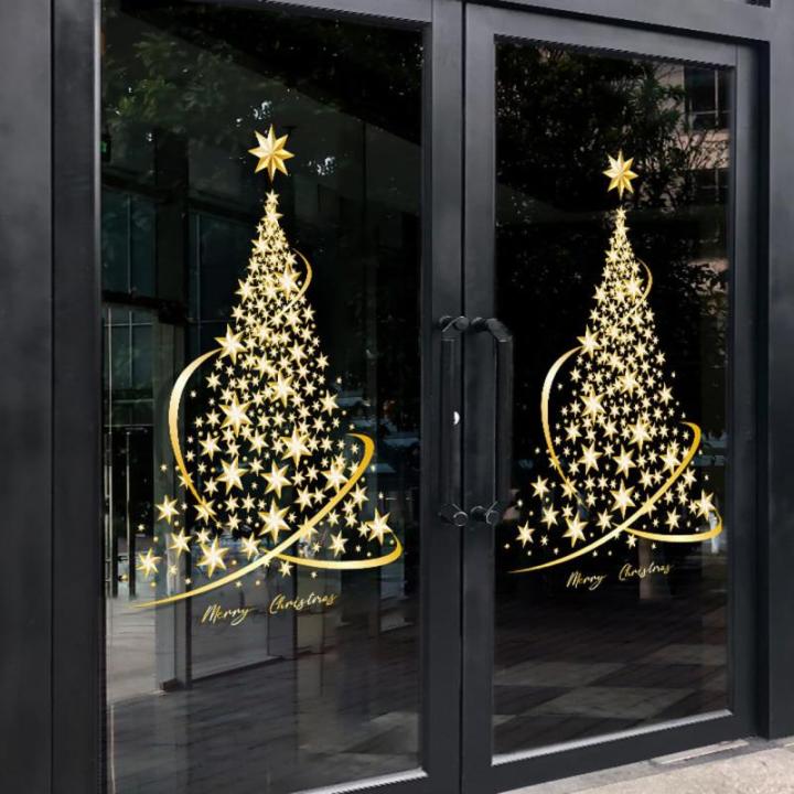 Gouden kerstboom raam klampt stickers voor glas, grote doe-het-zelf statische muur raam deur muurschildering showcase sticker sticker (1 stuks)