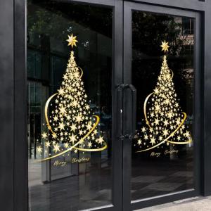 Kerstboom raam klampt stickers voor glas, extra grote gouden kerstramen statische stickers, doe-het-zelf muur raam deur muurschildering showcase sticker sticker (2 stuks)